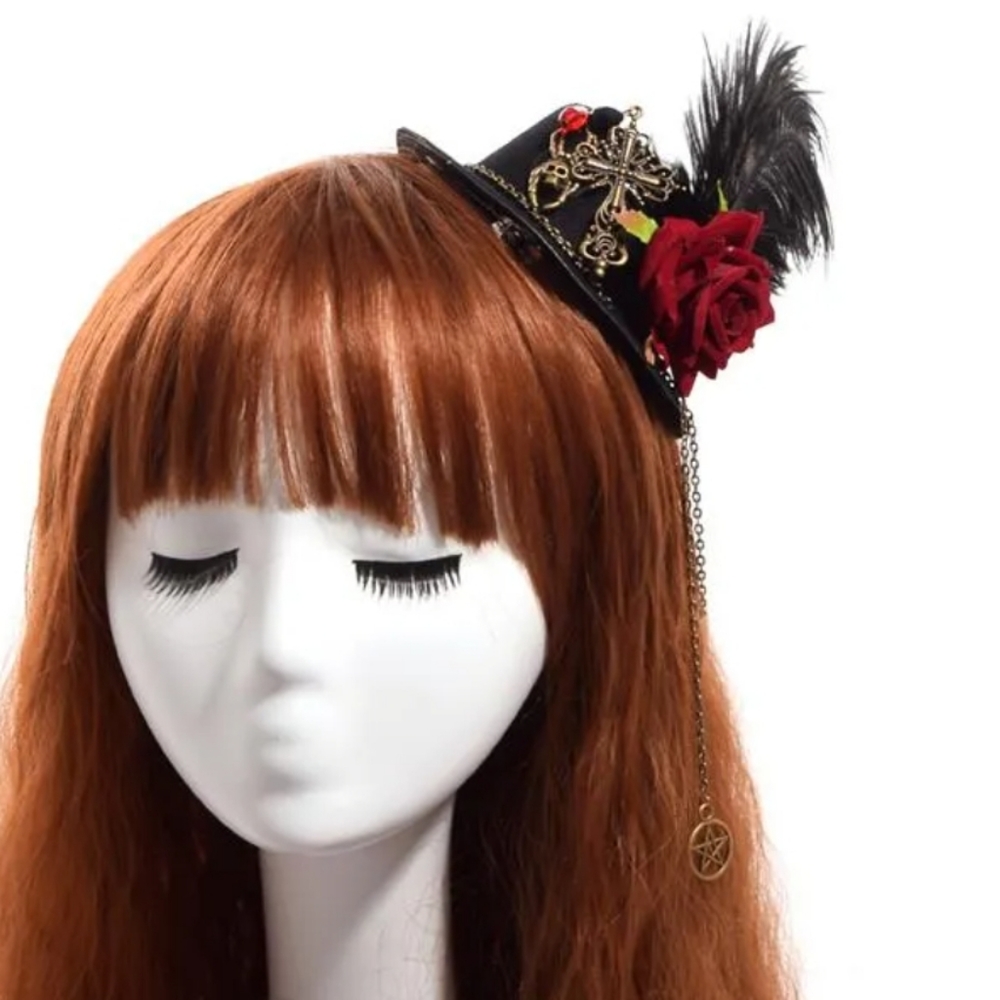 New! Steampunk Lolita Vintage Gear Feather Mini Top Hat Hairpin - Picture 11 of 11